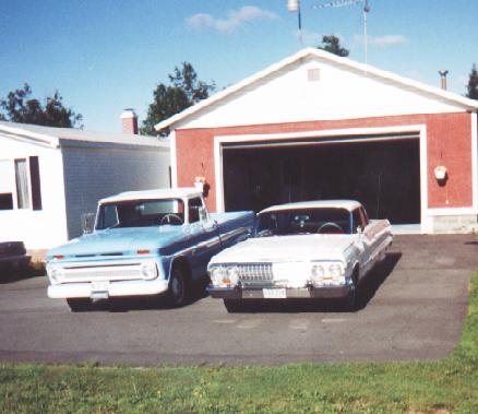 Photo of Dad's 63 Impala SS parked beside his 66 C10 truck